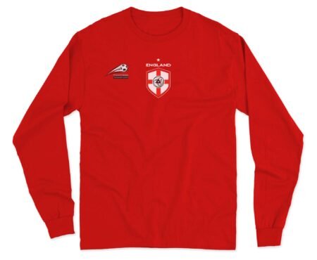 A red ENGLAND SOCCER/FOOTBALL fan unisex long sleeve t-shirt with a shield on it.
