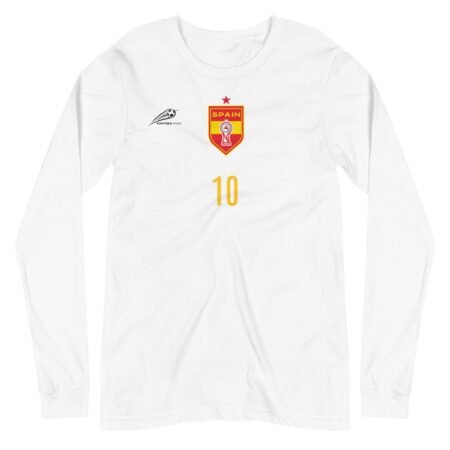 A white long-sleeve SPAIN Football Unisex Long Sleeve Sweater with a red and yellow crest representing SPAIN football.