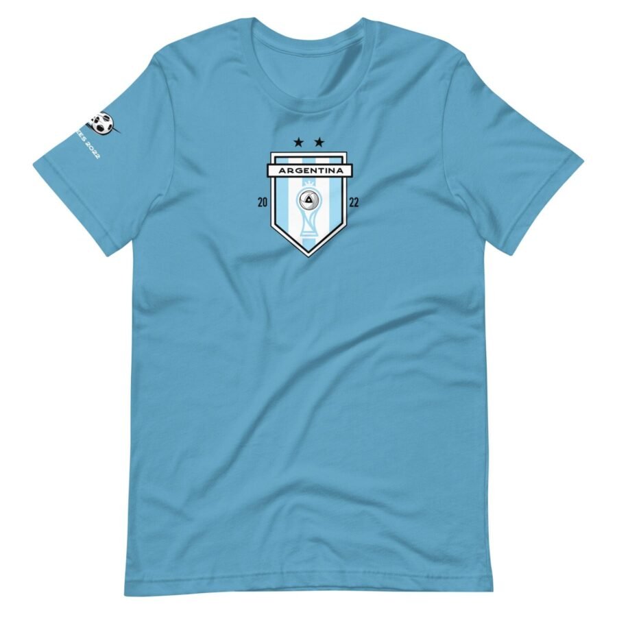 A blue ARGENTINA Unisex Football T-Shirt with the crest on it.