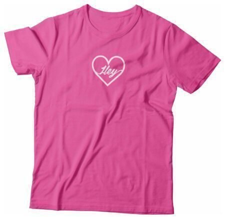 A pink short-sleeve unisex t-shirt with the Love Heart With "Hey" on it.