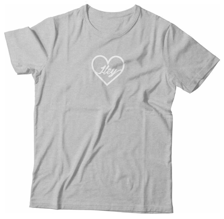 A grey short-sleeve unisex Love Heart With “Hey” t-shirt with a white heart on it.