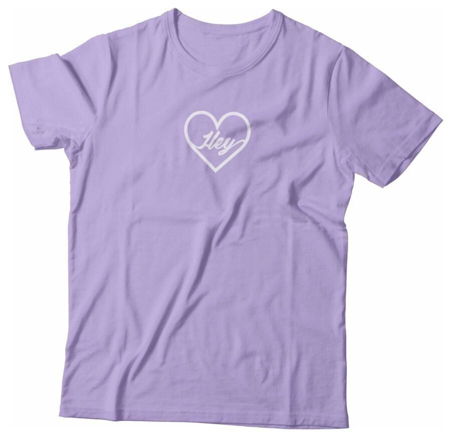 A purple Love Heart With “Hey” | Short-Sleeve Unisex T-Shirt with a heart on it.