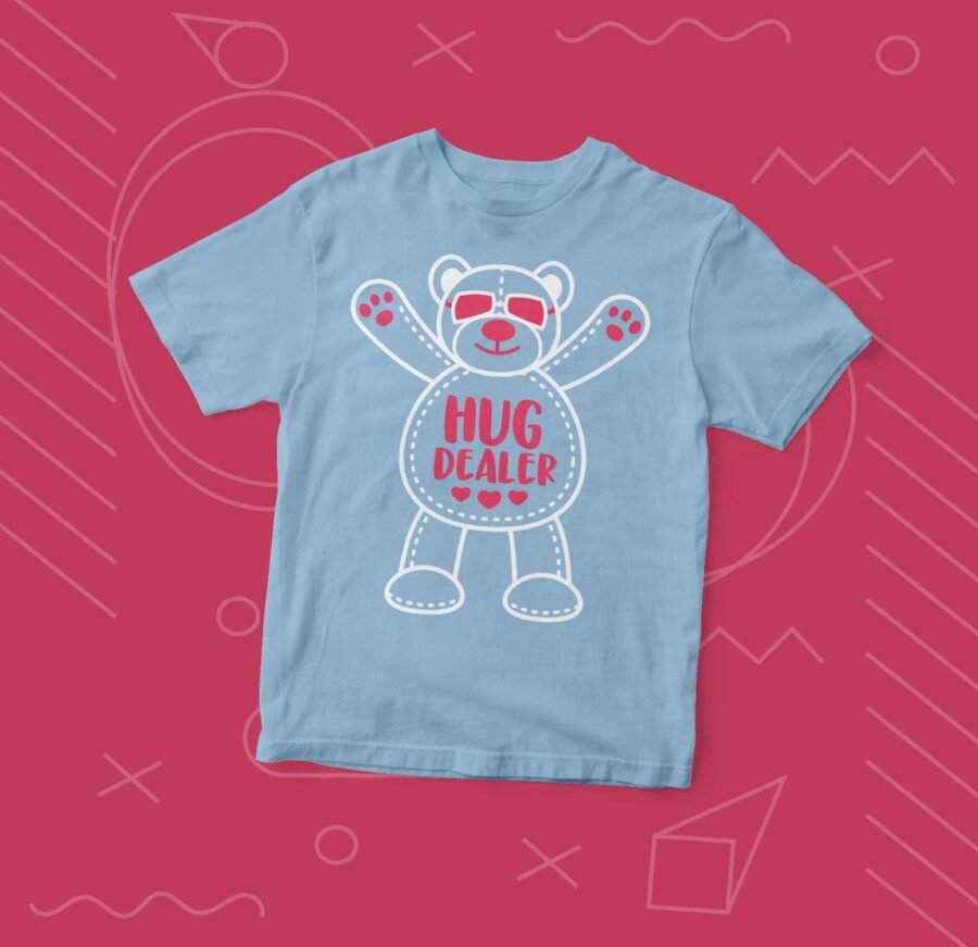 A blue Kids "HUG DEALER" Fine Jersey Tee with a teddy bear on it.