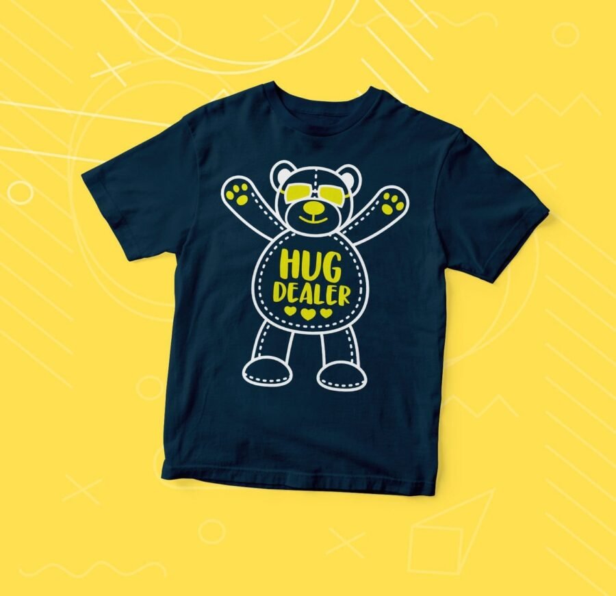 A Kids "HUG DEALER" Fine Jersey Tee, with a teddy bear on it.