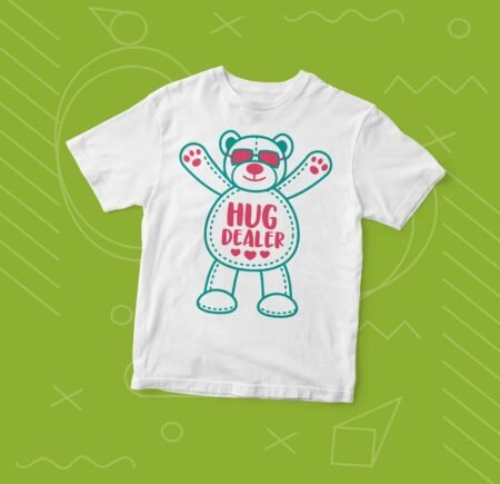 A white Kids "HUG DEALER" Fine Jersey Tee with a teddy bear and the phrase "HUG DEALER" on it.