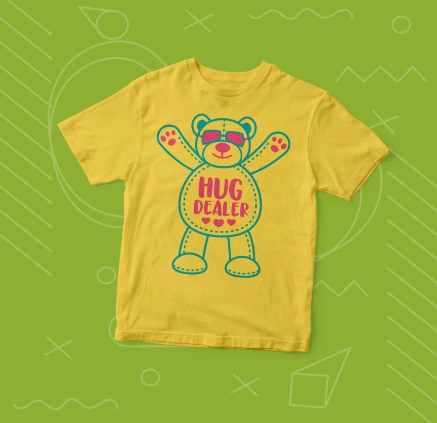 A yellow Kids "HUG DEALER" Fine Jersey Tee with a teddy bear on it.