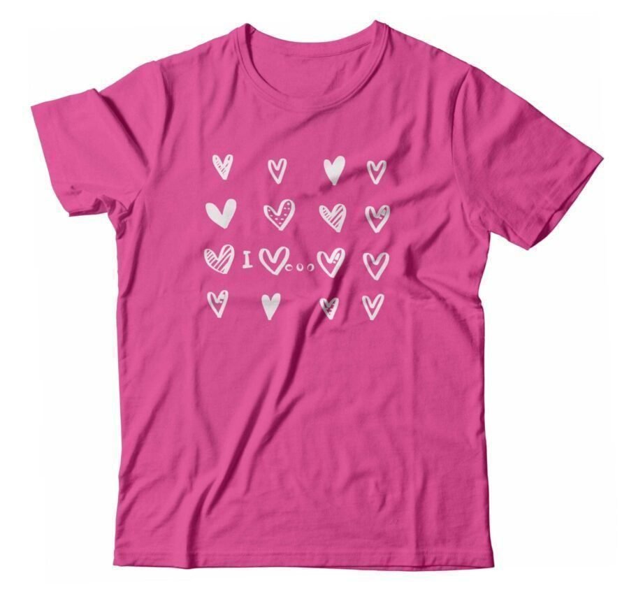 A pink "I LOVE... | Unisex Ultra Cotton Tee" t-shirt with hearts on it.