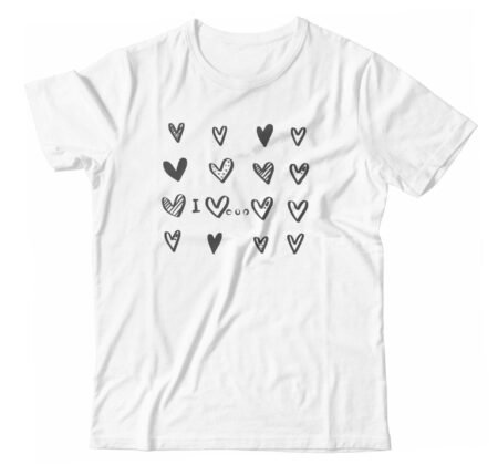 A white I LOVE... unisex ultra cotton t-shirt with hearts drawn on it.