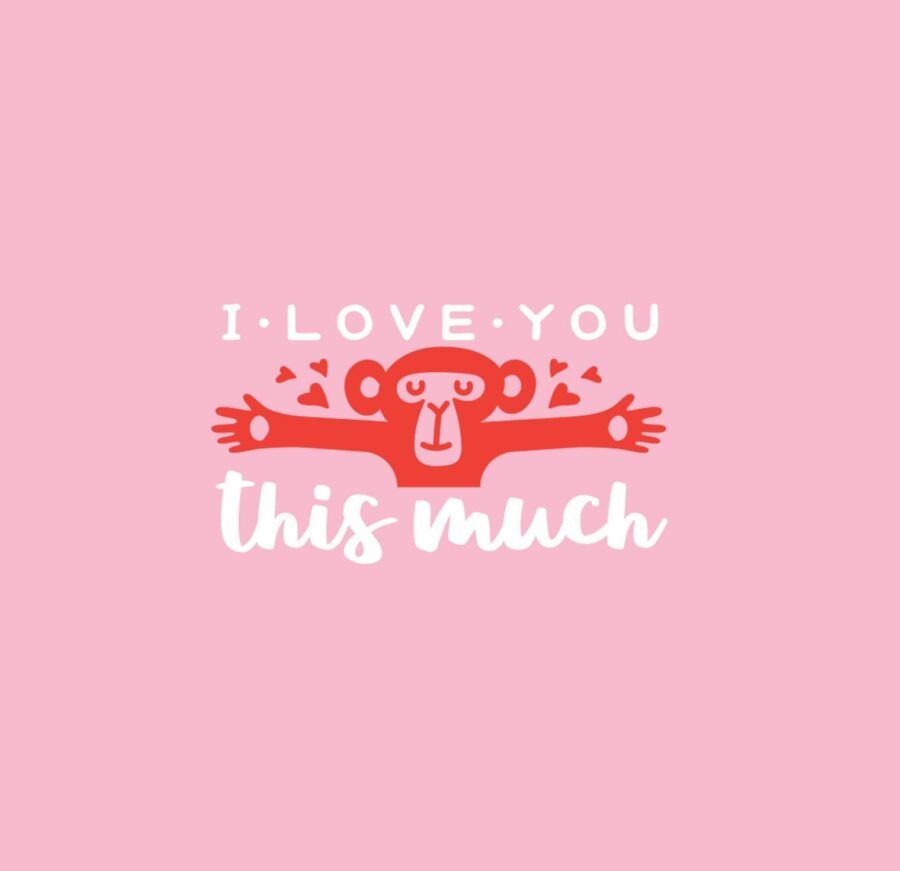 A valentine's day logo with a monkey and the words Infant "I Love This Much" Fine Jersey Tee.