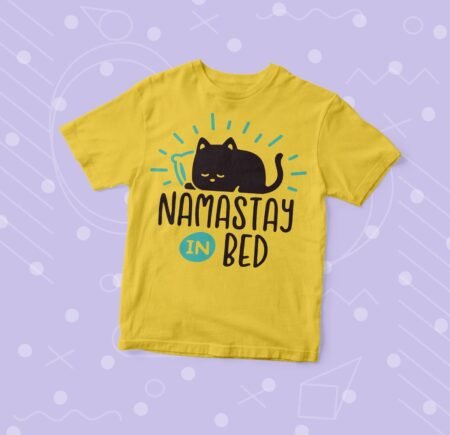 Kid's "Namastay In Bed" Lazy Cat Jersey Tee yellow t-shirt.