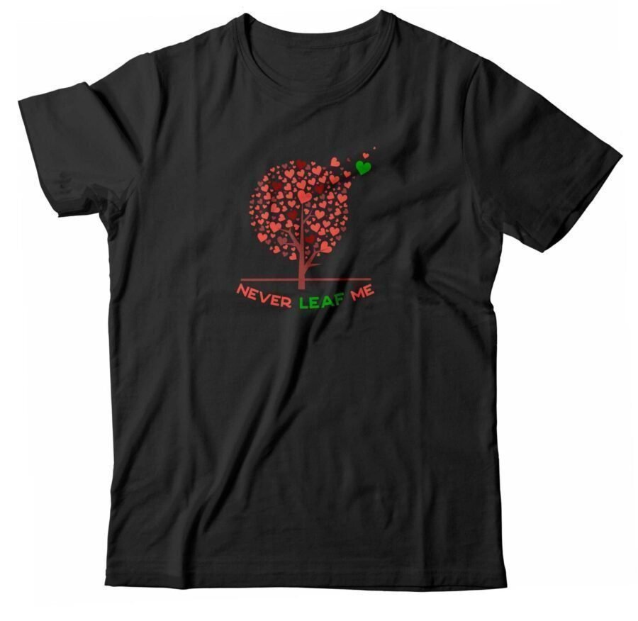 A black t-shirt with an image of a tree with red and green leaves: "NEVER LEAF ME" Heart Fluttering Tree Tee.