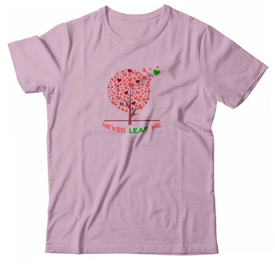 A "NEVER LEAF ME" Heart Fluttering Tree Tee with a tree and hearts on it.