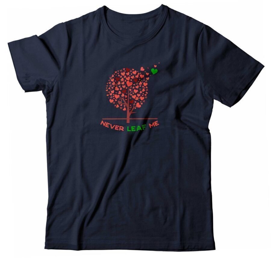 A navy t-shirt with the "NEVER LEAF ME" Heart Fluttering Tree Tee image.