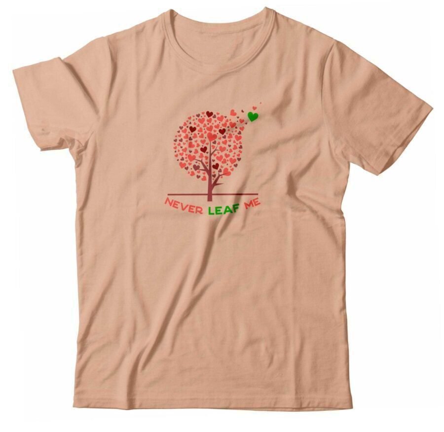 A beige "NEVER LEAF ME" Heart Fluttering Tree Tee with an image of a tree featuring the keywords "NEVER LEAF ME".