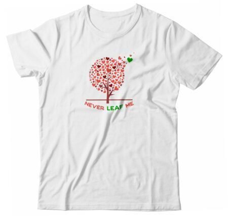 A "NEVER LEAF ME" Heart Fluttering Tree Tee with a heart fluttering tree image.