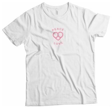 A white PEACE and LOVE | Unisex Ultra Cotton Tee with a pink heart on it.