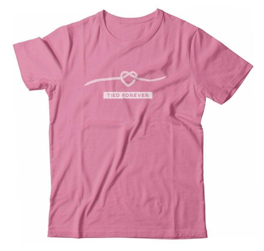 A pink t-shirt with a heart on it in the "Rope Of Love | “TIED FOREVER” Unisex T-shirt" design.