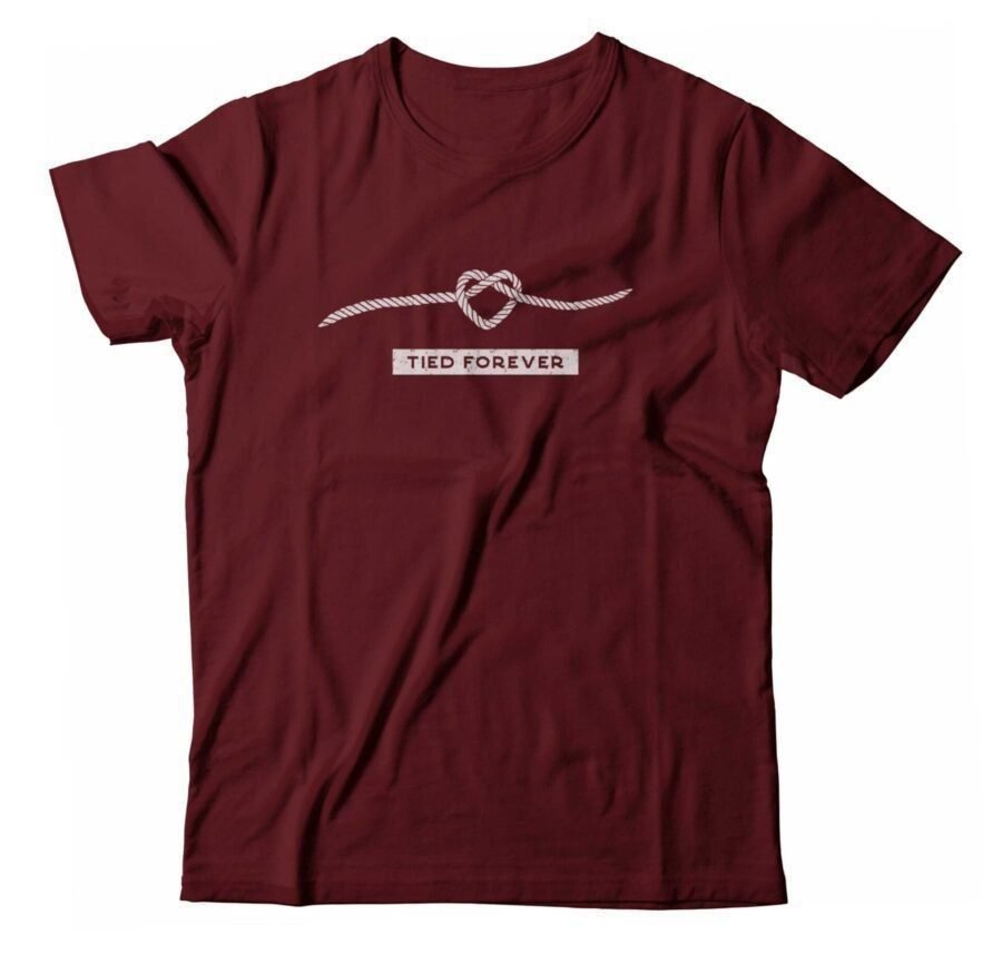 A maroon "Rope Of Love | TIED FOREVER" unisex T-shirt with a heart on it.