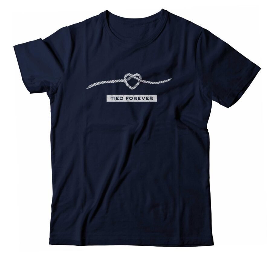 A navy unisex Rope Of Love | “TIED FOREVER” T-shirt with a heart on it featuring the keywords "Rope Of Love".