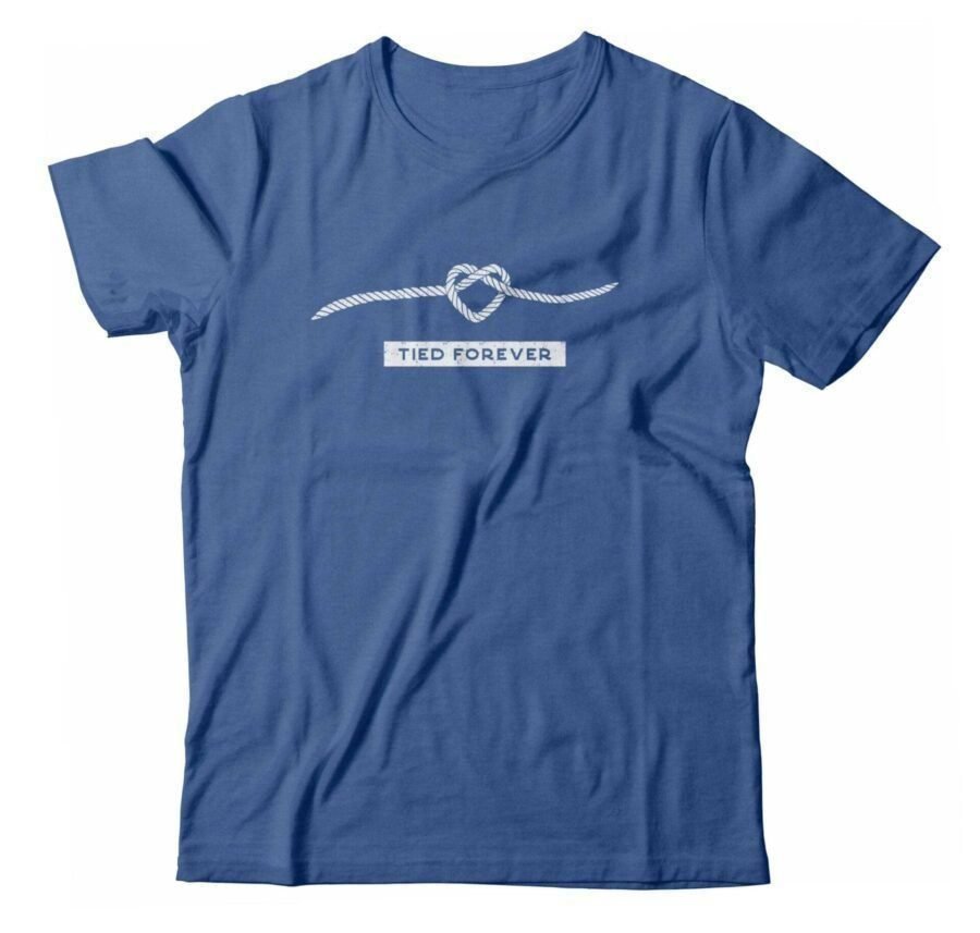 A blue Rope Of Love | “TIED FOREVER” Unisex T-shirt, with a heart on it.