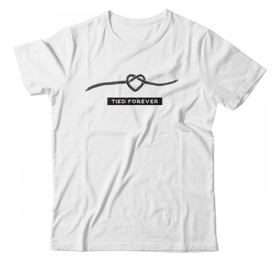 A white "Rope Of Love | “TIED FOREVER” Unisex T-shirt" with a heart on it, featuring the keywords "Rope Of Love".