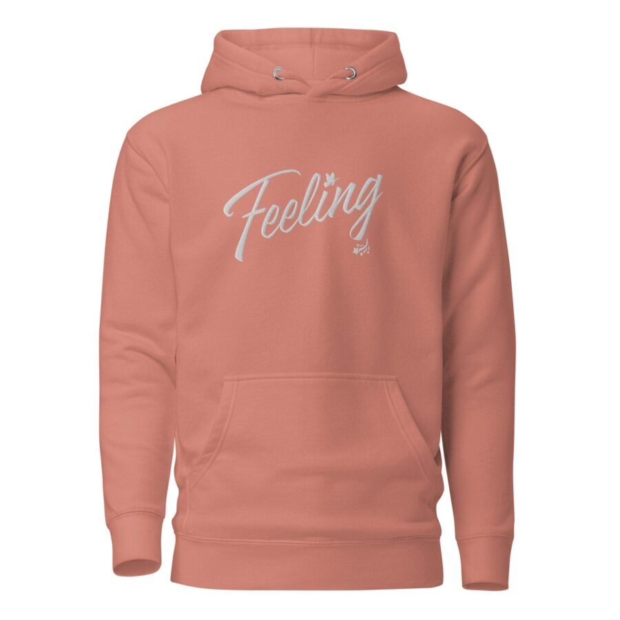 A pink Feeling Love Valentine Embroidery unisex hoodie with the word "feeling" embroidered on it.