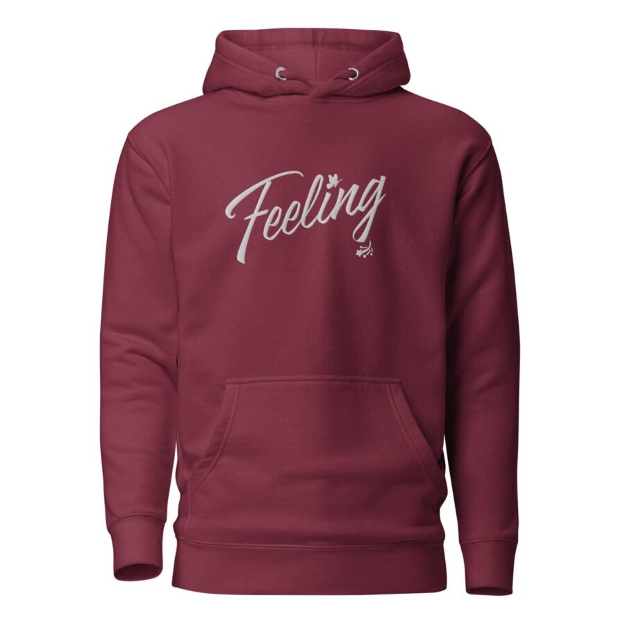 A Feeling Love Valentine Embroidery unisex hoodie with the word "feeling" embroidered on it.