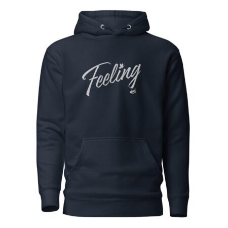 A Feeling Love Valentine Embroidery Unisex Hoodie with the word feeling and embroidery on it.