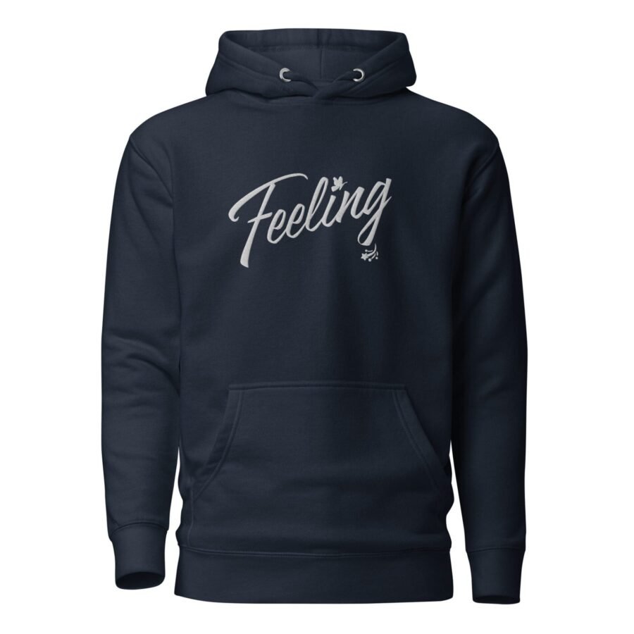 A Feeling Love Valentine Embroidery Unisex Hoodie with the word feeling and embroidery on it.