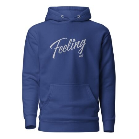 A Feeling Love Valentine Embroidery Unisex Hoodie with the word feeling embroidered on it.