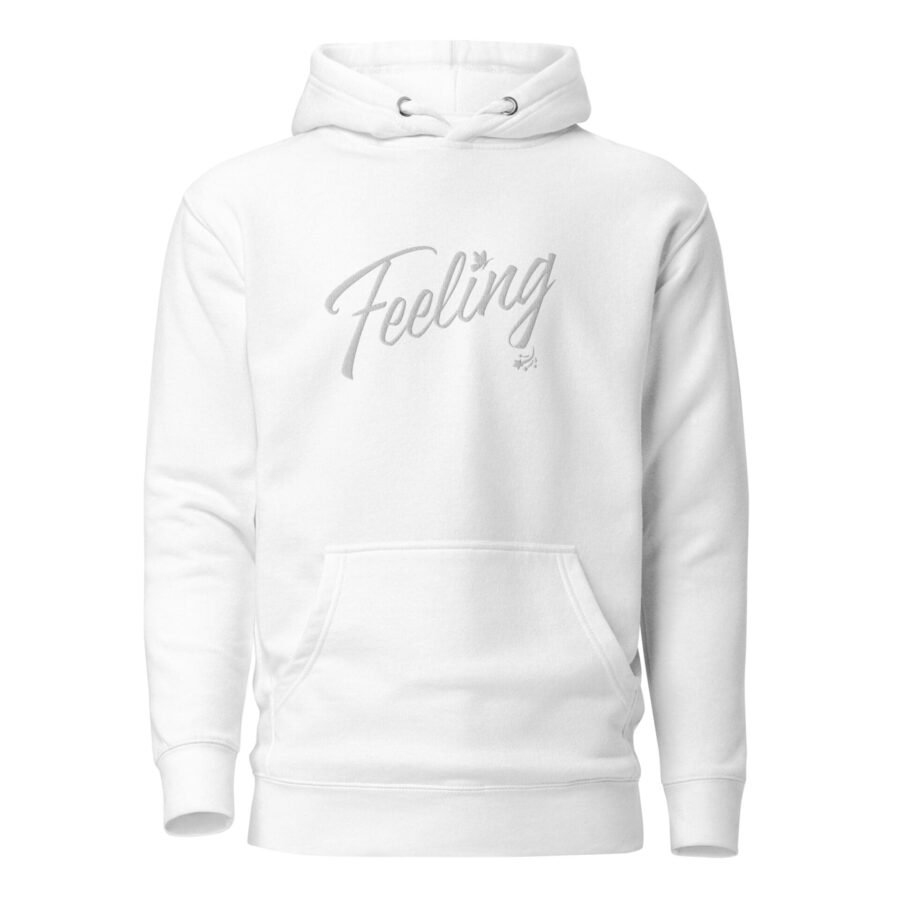 A white unisex hoodie with the word Feeling Love Valentine Embroidery embroidered on it.