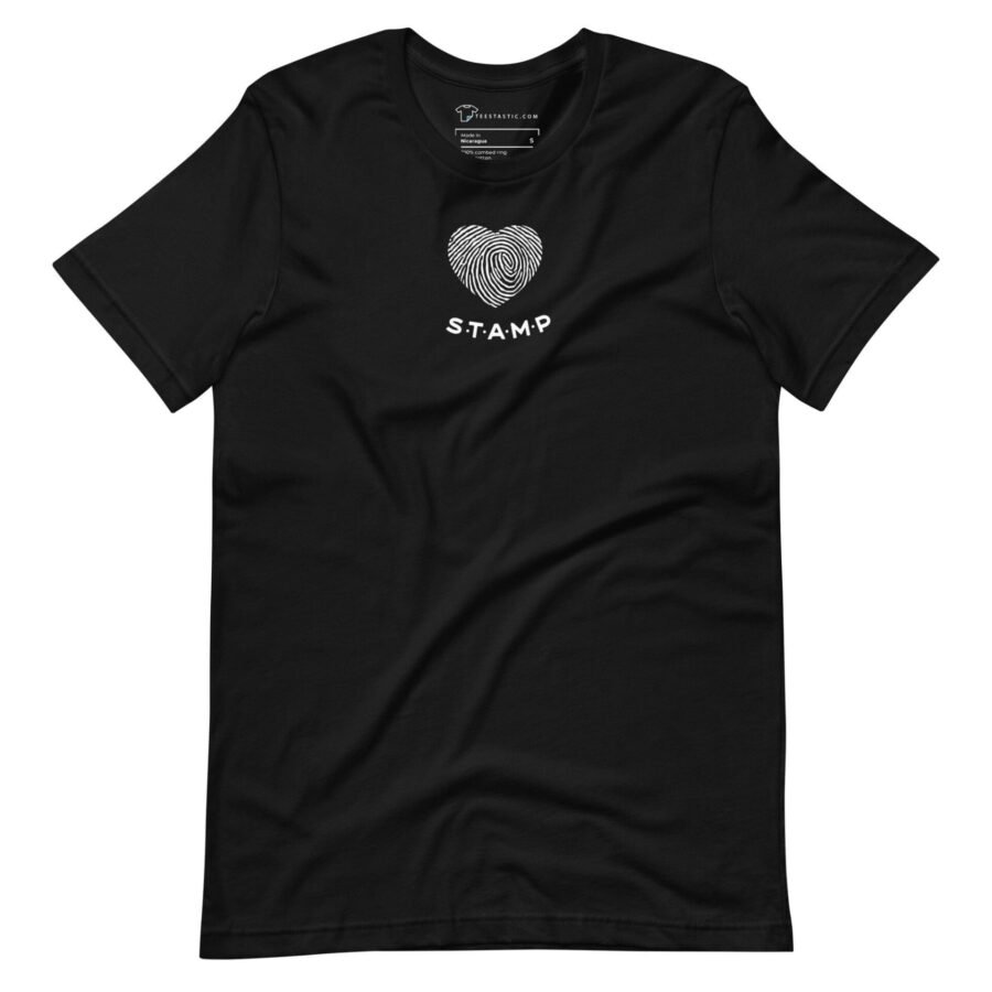 A Love with Finger Print unisex black t-shirt with a heart fingerprint design.