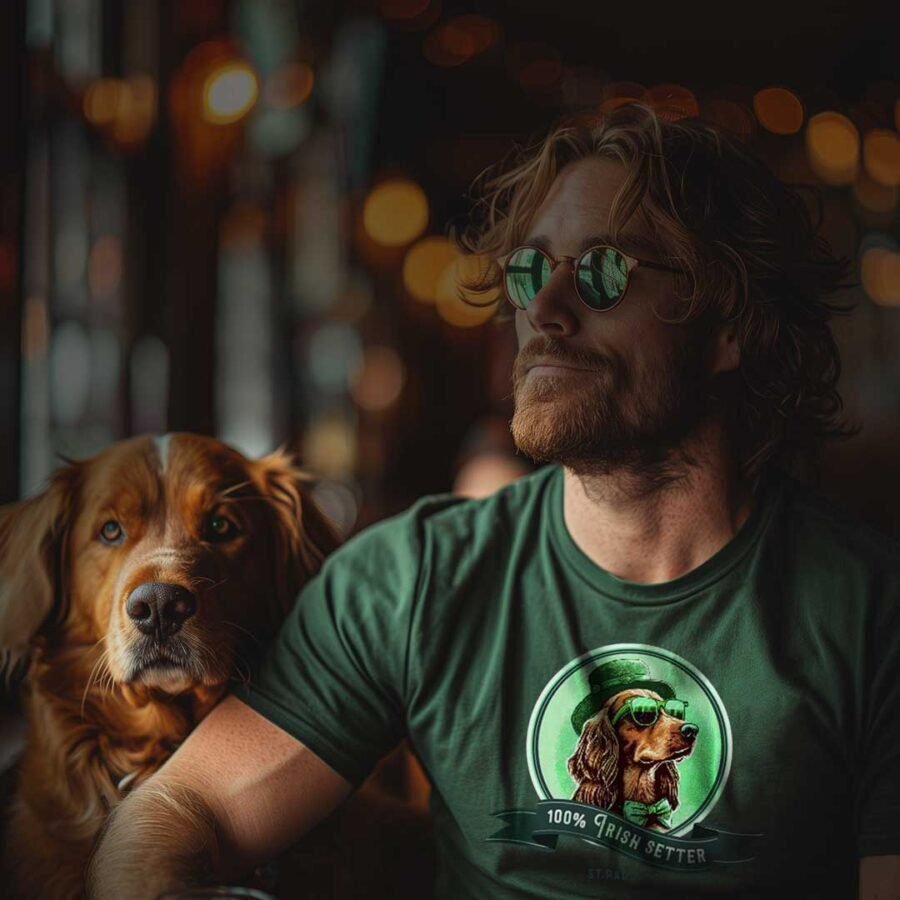 A man and his 100% Irish Setter Dog in a St. Patricks Day Unisex T-shirt.