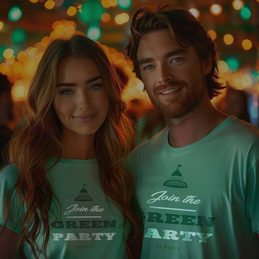 Join the St. Patrick's Day Party with two people wearing Unisex Green T-shirts.