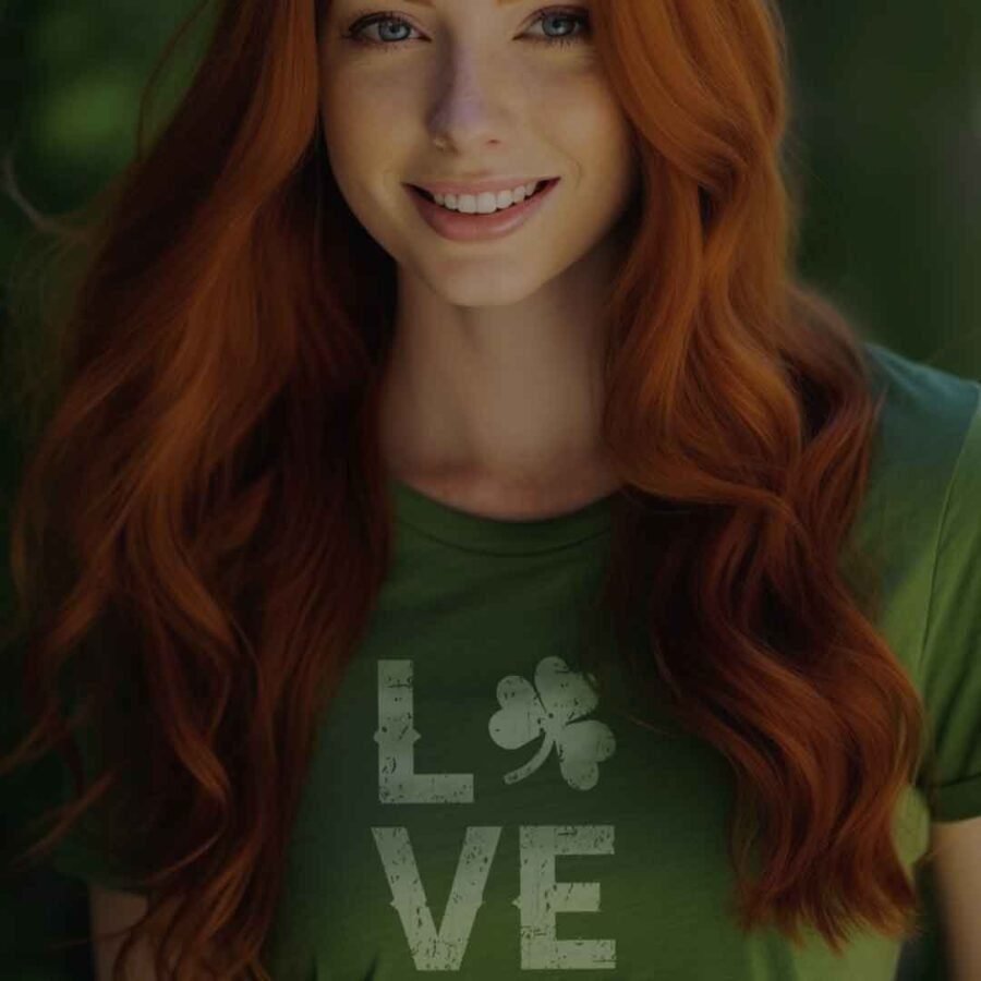 A woman with red hair wearing a green shamrock LOVE | St.Patrick | Unisex t-shirt.