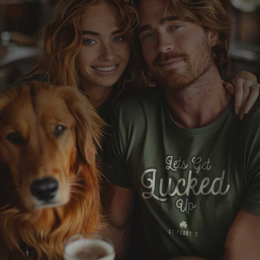 A man and woman with their dog pose for a photo in their matching Lets Get Lucked Up | St.Patricks Day | unisex t-shirts.