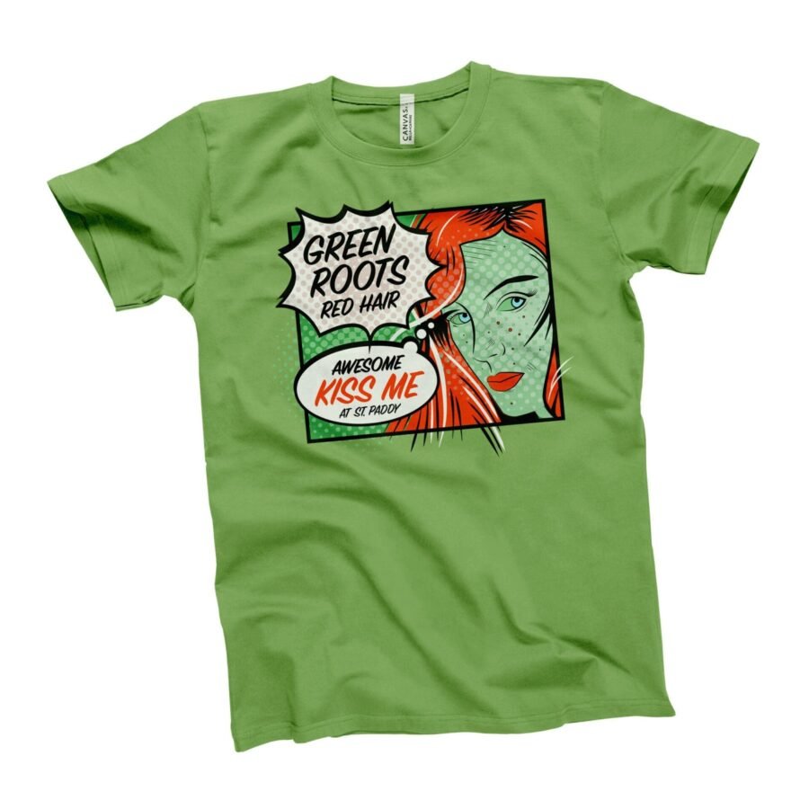 A green St. Patrick's Day Red Hair Green Roots tee with a woman's face on it.