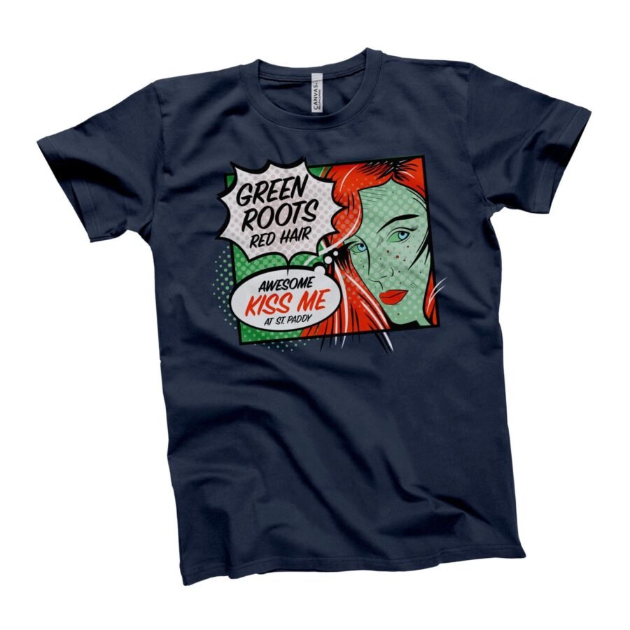 A St. Patrick's Day t-shirt with an image of a woman wearing a St. Patricks Day Red Hair Green Roots Tee.