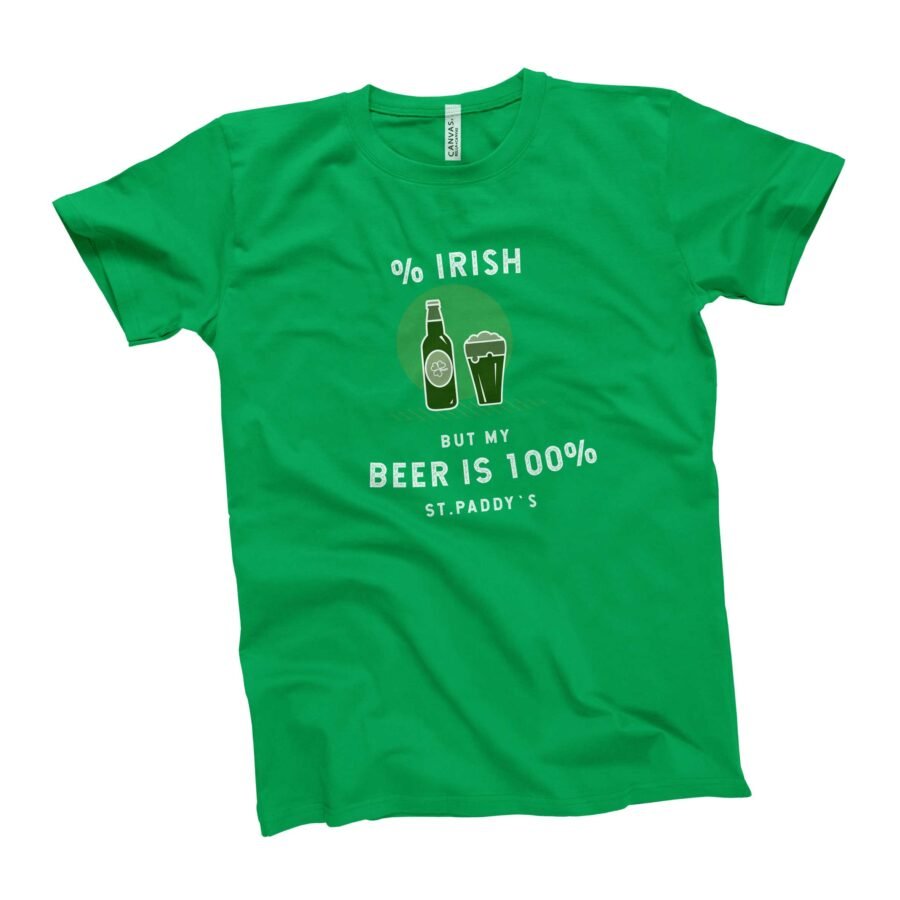 A festive St. Patricks Day Drinking Tee 50% Irish 100% Beer featuring a green color and a bold statement about the beer being 100% Irish.