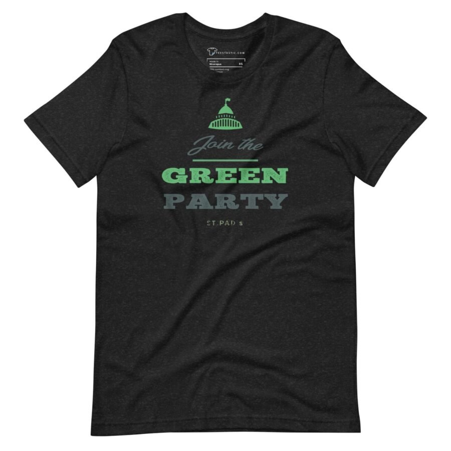 A black unisex "Join the Green Party St.Patricks Day" t-shirt with a "save the green party" message.