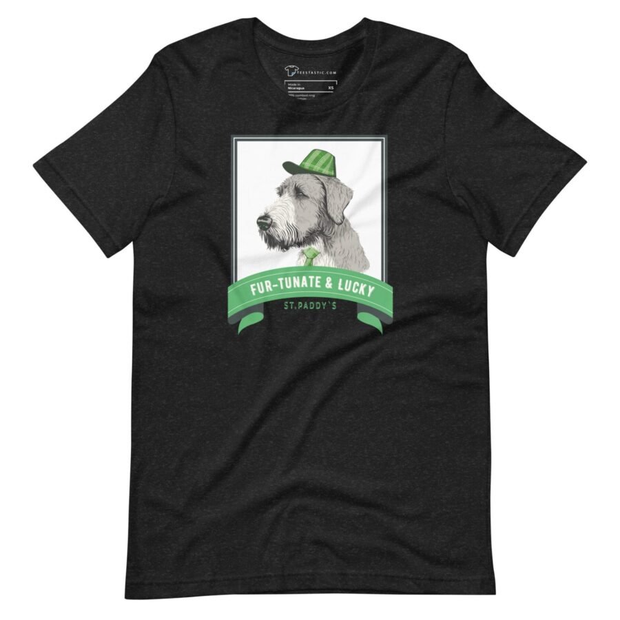 A Fur-tunite & Lucky Irish Wolfhound Dog For St. Patrick's Day unisex t-shirt, perfect for St. Patrick's Day.