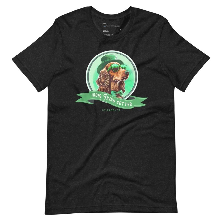 The 100% Irish Setter Dog Design St. Patricks Day Unisex t-shirt is featured on this black unisex t-shirt, perfect for St. Patrick's Day.