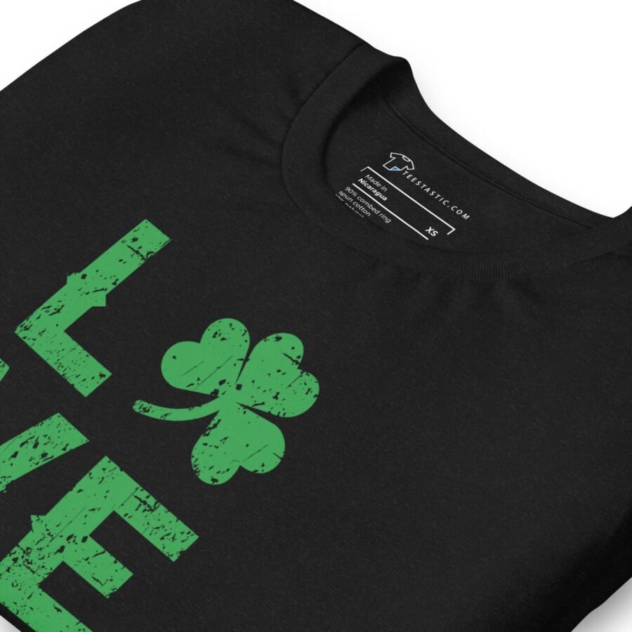 A LOVE St.Patricks unisex t-shirt with a green shamrock on it.