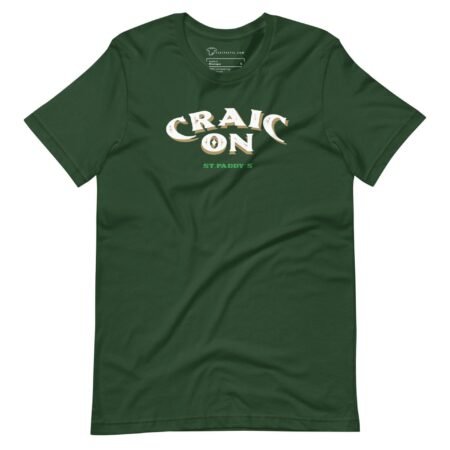 A green CRAIC ON St. Patricks day Unisex t-shirt with the word craic on it.