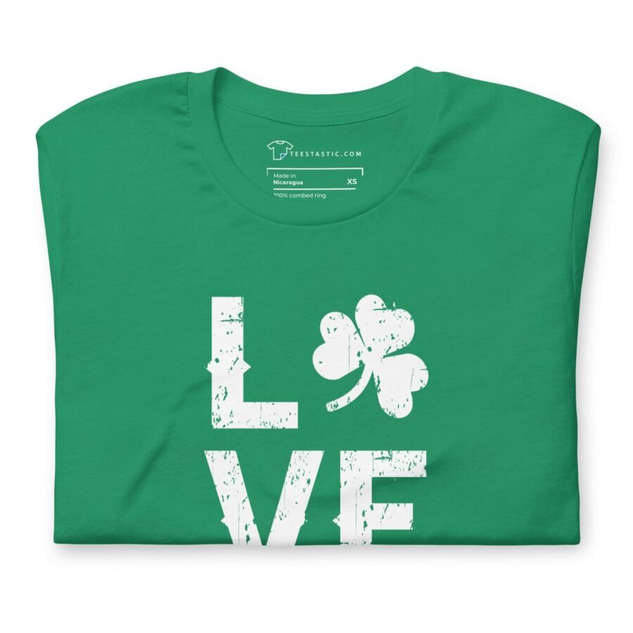 A LOVE St.Patricks unisex t-shirt featuring the word love.