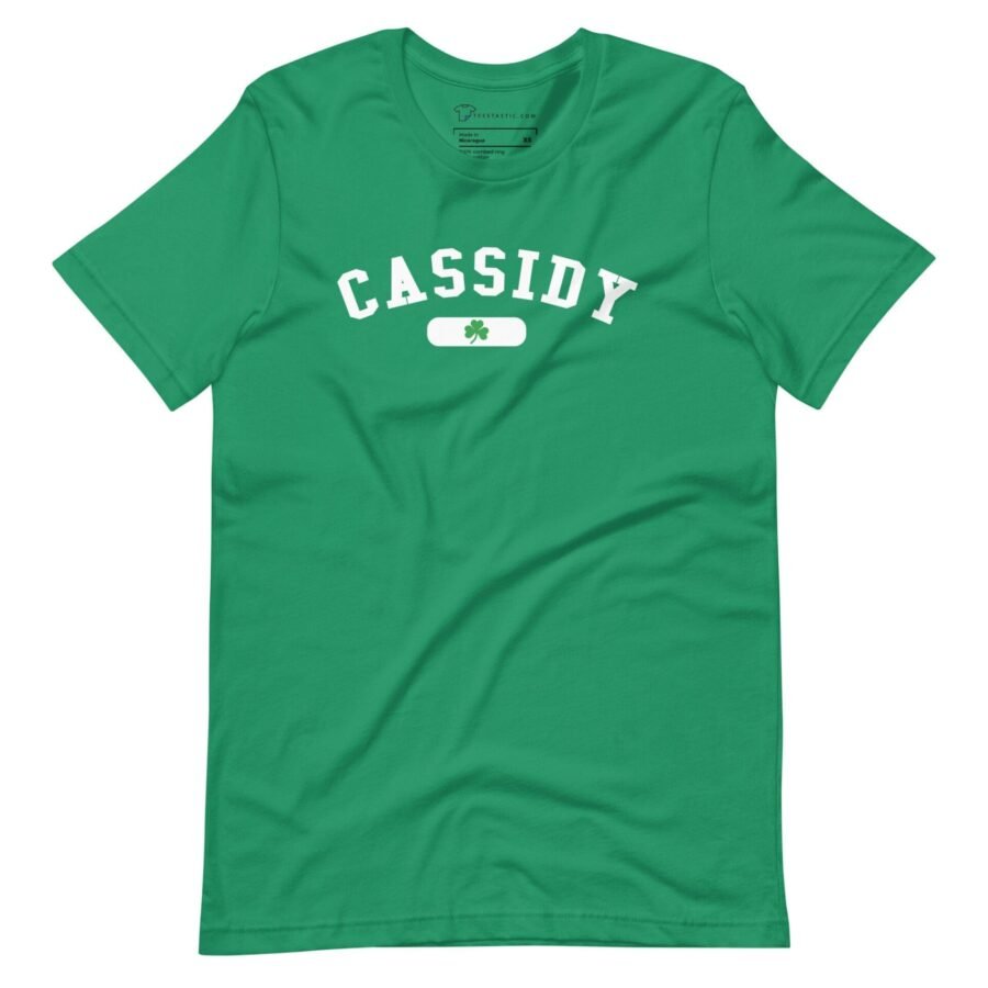 A CASSIDY St. Patrick's themed unisex t-shirt featuring the word "Cassidy" in green.