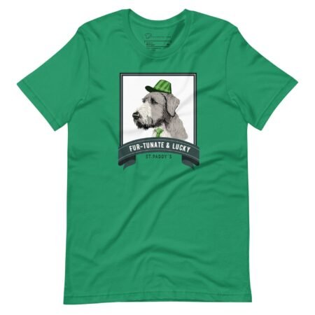 A Fur-tunite & Lucky Irish Wolfhound Dog For St.Patricks Day Unisex t-shirt with an image of a dog wearing a hat.