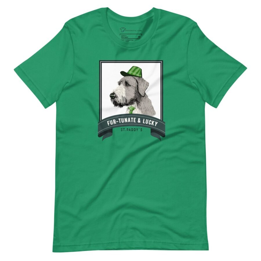A Fur-tunite & Lucky Irish Wolfhound Dog For St.Patricks Day Unisex t-shirt with an image of a dog wearing a hat.