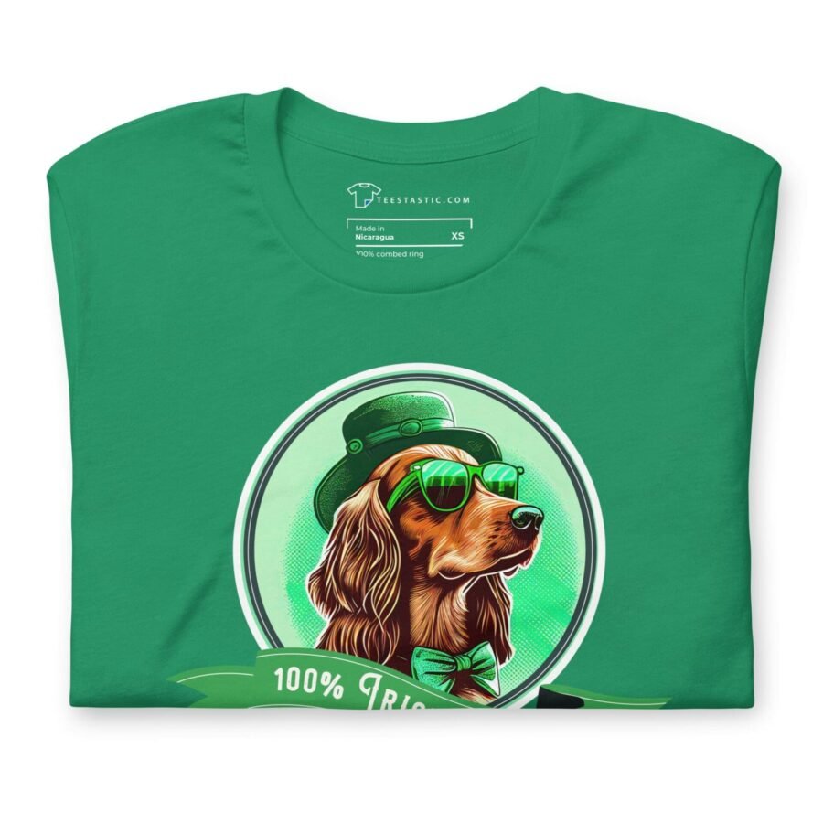 A 100% Irish Setter Dog Design St. Patricks Day unisex t-shirt with a dachshund wearing sunglasses and a hat.