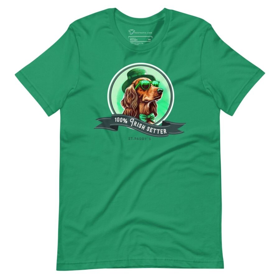 A 100% Irish Setter Dog Design St. Patricks Day Unisex t-shirt with an image of a dachshund wearing sunglasses.